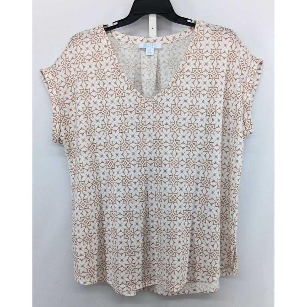 BUNULU Shirt Women Size 1X White Geometric Floral Short Sleeve V Neck Knit Top